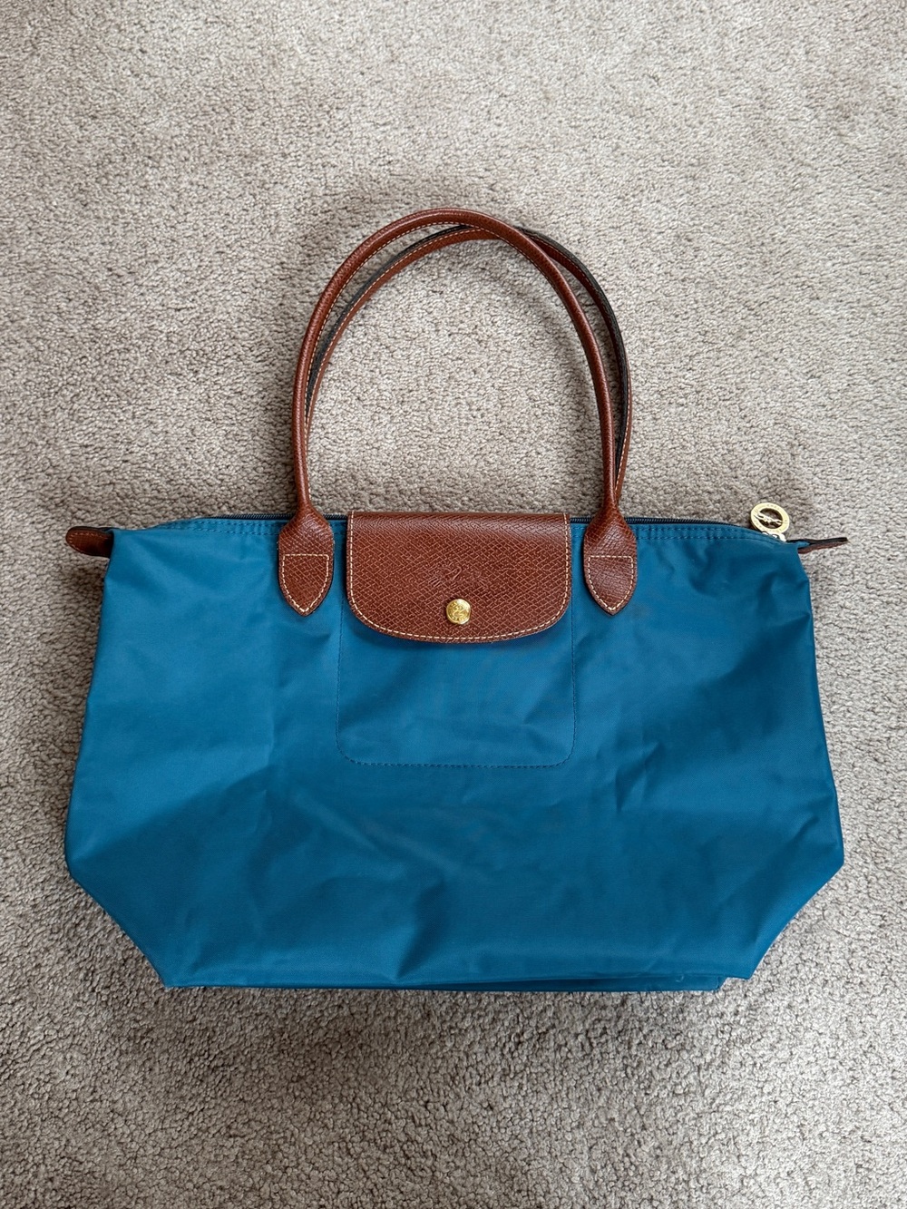 Longchamp Le Pliage Medium Teal Tote Bag with Brown Leather Trim